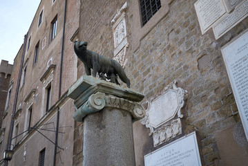 Wall Mural - Rome, Italy - February 03, 2020 : View of the column with Capitoline wolf statue