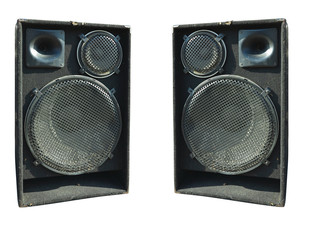 Old industrial powerful stage sound speakers isolated over white