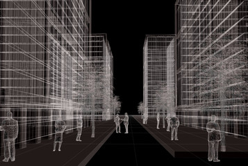 People in the city, wireframe technique, original 3d rendering