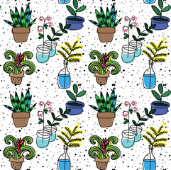 Wall Mural - Flowers in pots. seamless pattern. Drawing by hand, a child's drawing. Stylish colorful background.