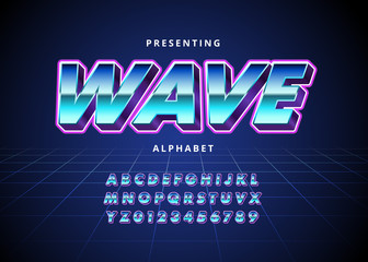 Fototapete - Retro Futuristic 80s font style. Vector alphabet with chrome effect template for game title, poster headline, old style