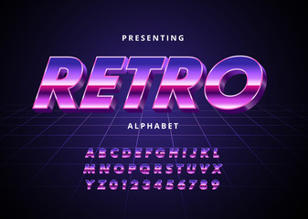 Fototapete - Retro Futuristic 80s font style. Vector alphabet with chrome effect template for game title, poster headline, old style