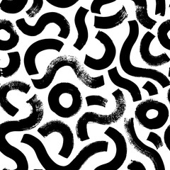 Black paint brush strokes vector seamless pattern. Hand drawn curved and wavy lines with grunge circles.