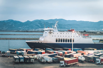 Cruise ship containers Mediterranean Sea at Cagliari Sardinia island Italy