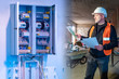© Grispb - Builder with room plans on the background of an electric shield. Installation of electrical wiring in a new house. Work as an electrician at a construction site. Power supply of the new building.