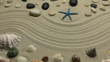 Wall Mural - Beach background. Wavy lines, shells, stones and stars. Slider shot.