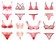 Set of women's underwear. Elegant sexy panties and bras. Pattern drawn on paper by watercolor.