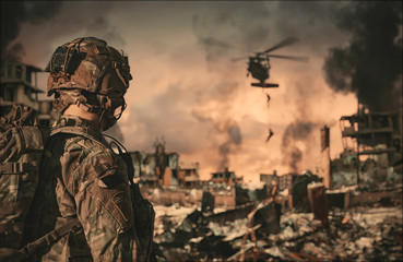 Wall Mural - Military Forces between smoke and ruins roping to destroyed city and the soldier looks at them