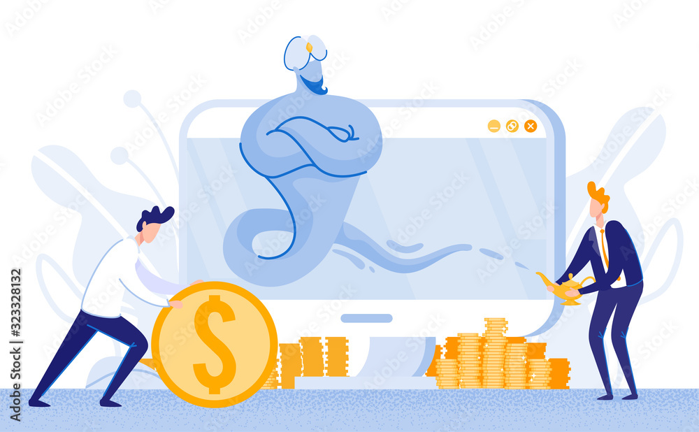 Young Men with Two Different Approaches for Growing Rich. Office Worker, Rolling Huge Golden Coin, Earning His Money Hard. Businessman in Blue Suit, Making Wish from Powerful Magic Genie. - obrazy, fototapety, plakaty 