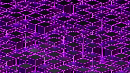 Poster - 3d rendering background of isometric neon cubes located at different levels. Computer generated abstract geometric frame.