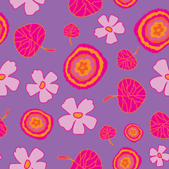 Colourful Blast-Flowers in Bloom Seamless Repeat Pattern. Abstract flowers and leaves vivid pattern background design in pink, orange,yellow and purple . Surface pattern design. Perfect for Fabric, Sc