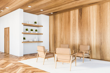 White and wooden living room corner with armchairs