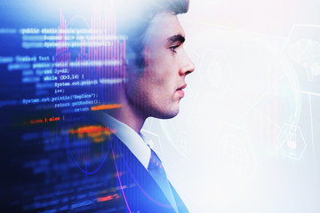 Poster - Thoughtful businessman and programming interface