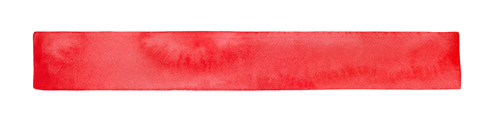 Water color illustration of blank red ribbon banner with artistic brushstrokes, stains, washes. Hand drawn painting on white backdrop, cutout element for design, template, sticker, festive decoration.