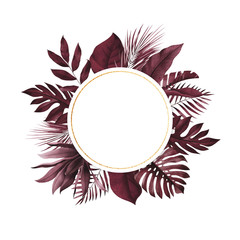 Wall Mural - Round frame with exotic monstera, banana and palm leaves in background. Tropical style stationery design.