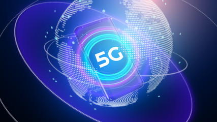 Poster - 5g network wireless technology, 5g high speed communications with hologram earth and smartphone. 3d 