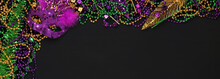 Purple, Gold, And Green Mardi Gras Beads And Masks Background