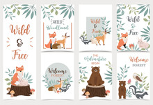 Collection Of Woodland Background Set With Bear,deer,skunk,fox.Editable Vector Illustration For Website, Invitation,postcard And Sticker.Wording Include The Adventure Begin