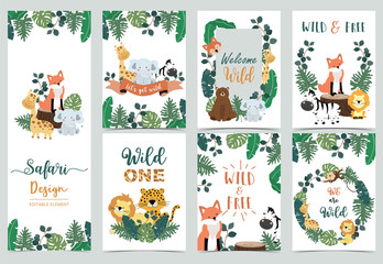 Wall Mural - Collection of safari background set with giraffe,zebra,fox,lion.Editable vector illustration for birthday invitation,postcard and sticker.Wording include wild and free