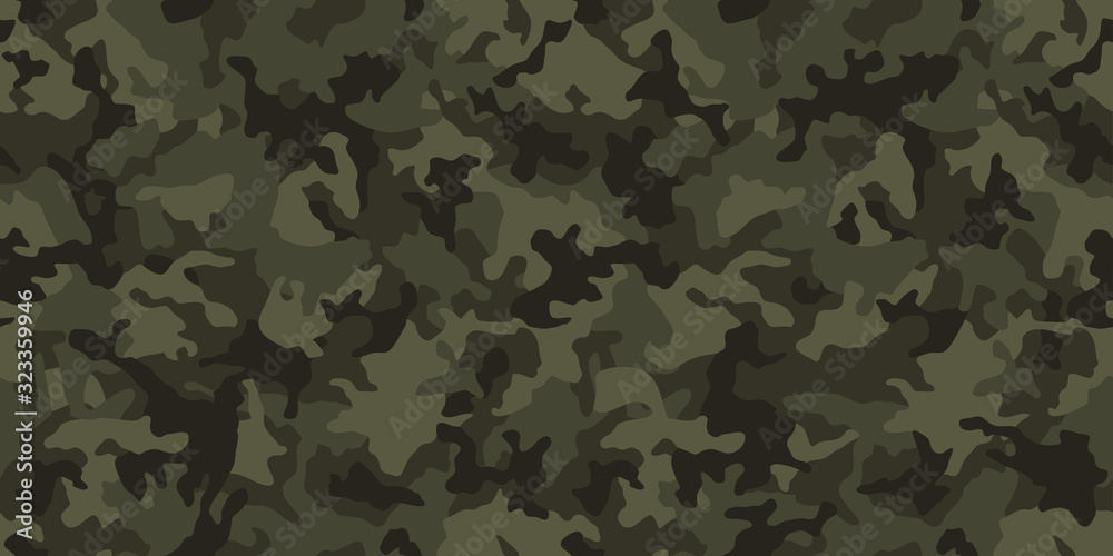 Camouflage pattern background, seamless vector illustration. Classic military clothing style. Masking camo repeat print. Dark green khaki texture.  - obrazy, fototapety, plakaty 