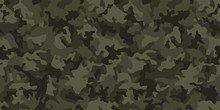 Camouflage Pattern Background, Seamless Vector Illustration. Classic Military Clothing Style. Masking Camo Repeat Print. Dark Green Khaki Texture. 