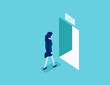 Woman walking to the exit  through an open door. Escape route concept, Isometric vector style