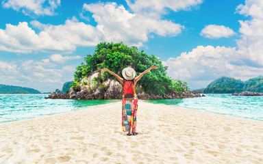 summer lifestyle traveler woman joy fun nature scenic landscape sandy beach pak bia island krabi, fa