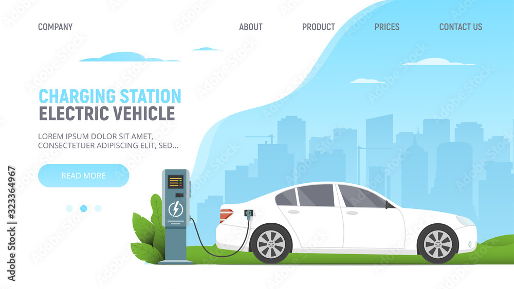 Electric car on parking charging station on cityscape background. Green ...