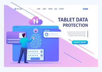 Wall Mural - young man provides data protection on tablet, antivirus settings. flat 2d character. landing page co