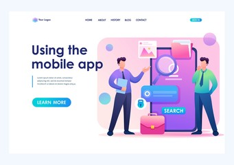 Poster - Young people use the mobile app to search for information. Flat 2D character. Landing page concepts and web design
