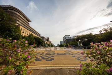 Wide Angle panorama of the Dataran Putra or Putra Square in the government city of Putrajaya, Malaysia, 40 km outside of Kuala Lumpur. The Boulevard with the government seat and Kelab Tasik Mosque