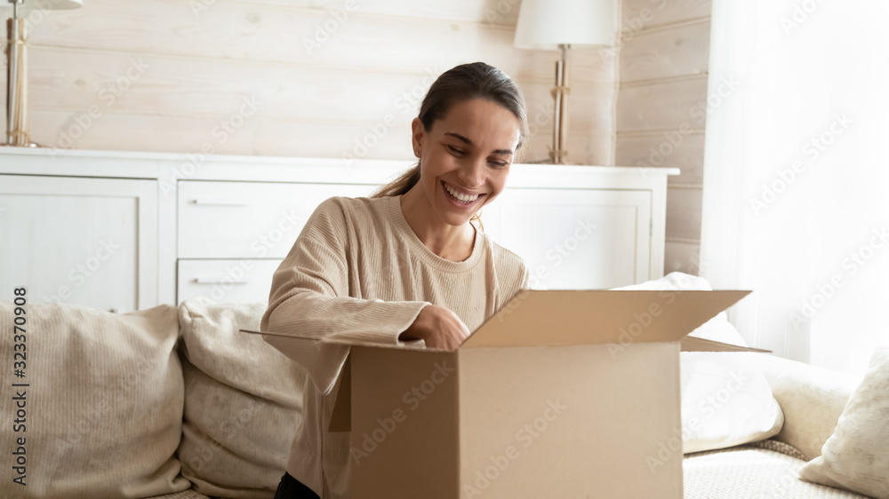 Happy young woman satisfied with internet shopping order - obrazy, fototapety, plakaty 