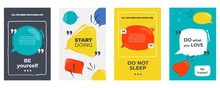 Quote Frames. Colored Posters With Frames And Motivation Text, Dialog And Opinion Speech Bubbles. Vector Citation Creative Graphic Banners