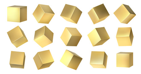 Poster - Golden cubes. Realistic 3D blocks of yellow metal from different isometric angles, golden square shapes design. Vector metallic set 3D isometric yellow metal box on white background