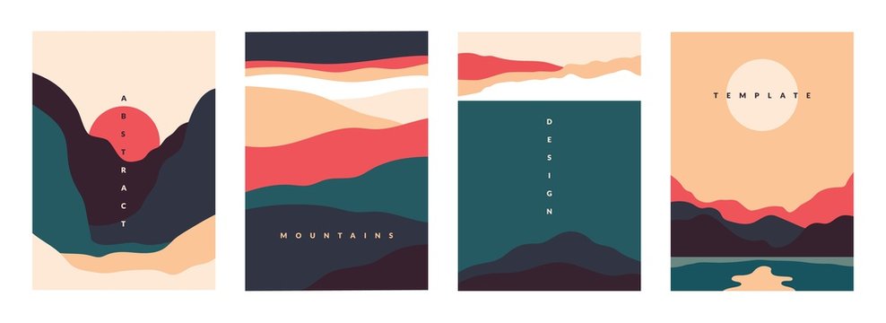 Wall Mural - Landscape minimal poster. Abstract geometric banners with mountains lakes and waves. Vector illustration postcard travel and adventure flyers with curve nature shapes