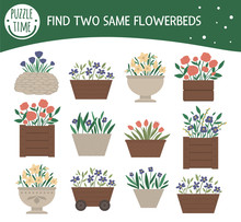Find Two Same Flower Beds. Garden Or Park Themed Matching Activity For Preschool Children With Cute Plants. Funny Spring Game For Kids. Logical Quiz Worksheet..
