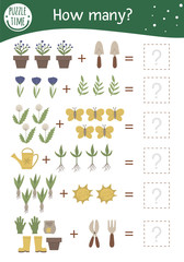 math game with garden symbols. spring mathematic activity for preschool children. printable counting