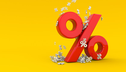 Seasonal sales yellow background with percent discount pattern. 3D