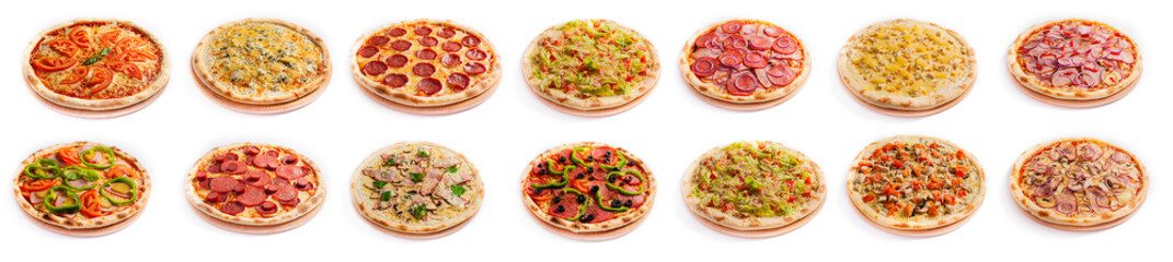 Set of pizza isolated, side view, on white background. Pizza photo for for menu card, web design, site, shop, advertising or delivery fast food.