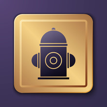 Purple Fire Hydrant Icon Isolated On Purple Background. Gold Square Button. Vector Illustration