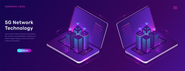 Poster - 5g network technology, isometric concept vector illustration. smart city, buildings with symbol wire