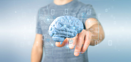 Poster - businessman holding a intelligence artificial brain with data - 3d rendering