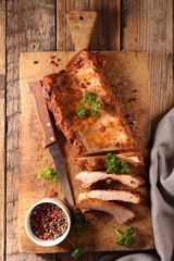 Sticker - grilled ribs with barbecue sauce on wooden barbecue