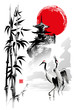 Cranes, bamboo stems, pagoda against the backdrop of the rising sun. Vector illustration in traditional oriental style. Hieroglyphs - Beauty in nature.