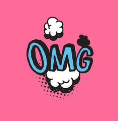 Poster - Hand drawn speech bubble with text on pink background and halftone. Vector pop art object and word. Doodle element for dialog or comic