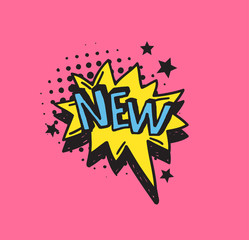 Fototapete - Hand drawn speech bubble with text on pink background and halftone. Vector pop art object and word. Doodle element for dialog or comic
