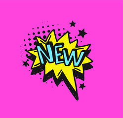 Fototapete - Hand drawn speech bubble with text on pink background and halftone. Vector pop art object and word. Doodle element for dialog or comic
