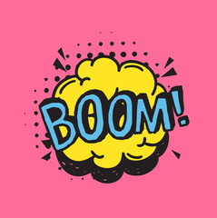 Fototapete - Hand drawn speech bubble with text on pink background and halftone. Vector pop art object and word. Doodle element for dialog or comic