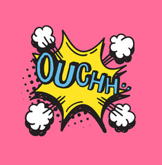 Poster - Hand drawn speech bubble with text on pink background and halftone. Vector pop art object and word. Doodle element for dialog or comic