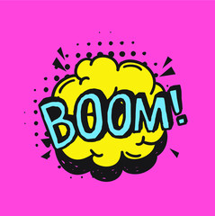Fototapete - Hand drawn speech bubble with text on pink background and halftone. Vector pop art object and word. Doodle element for dialog or comic